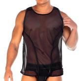 Gigo 2 Fetiche black tank is a black mesh tank top with reinforced trim along neckline armholes and hem