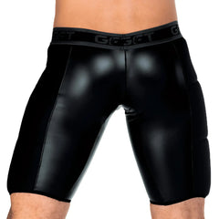 Black glossy faux leather shorts with gray waistband featuring ggs logo from gigo 2 fetiche black trunk long collection