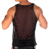 Black mesh tank top with olive green trim from Gigo 2 Fetiche Green Tank featuring breathable fabric