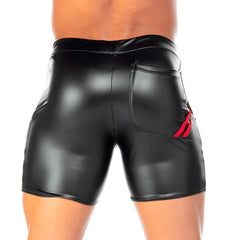 Back view of gigo 2 fetiche red short black shiny faux leather shorts with red diagonal stripe on back pocket