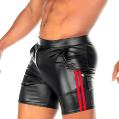 Gigo 2 Fetiche red short black shiny faux leather shorts with bold red vertical stripes down the side