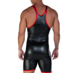 Black shiny latex wrestling singlet with red trim along neckline armholes and legs gigo 2 fetiche red singlet