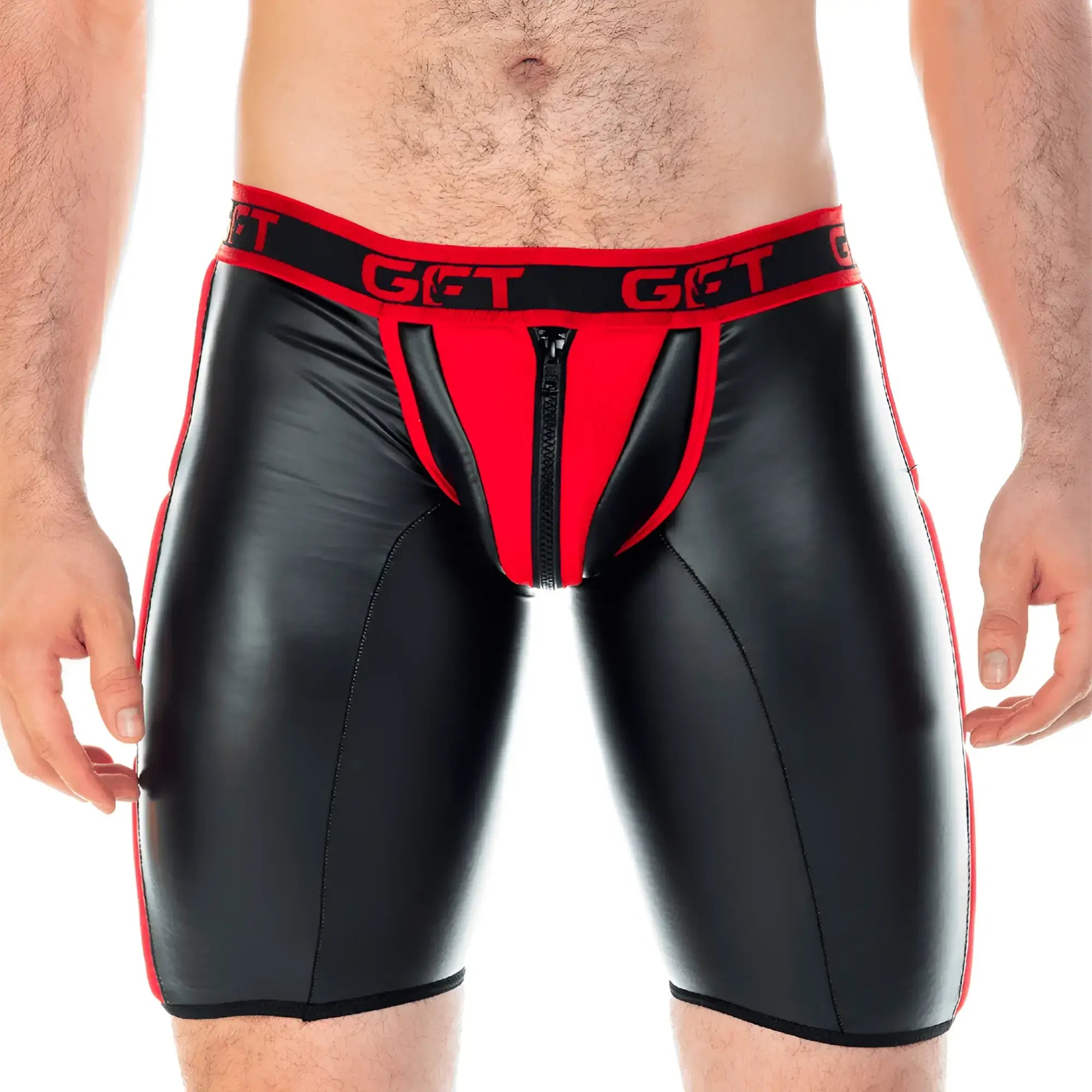 Black and red faux leather briefs with front zipper and get branded waistband gigo 2 fetiche red zipper trunk long