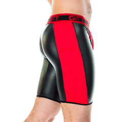 Black and red glossy Gigo 2 Fetiche red zipper trunk long athletic shorts with bold vertical stripe and get logo waistband