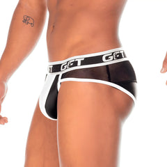 Black and white mesh briefs with a bold get logo band in the gigo 2 fetiche white brief design