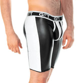 Black and white faux leather briefs with bold stripes and branded waistband in gigo 2 fetiche white zipper trunk long design