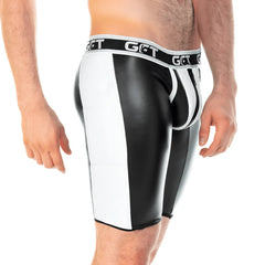 Black and white faux leather briefs with bold stripes and branded waistband in gigo 2 fetiche white zipper trunk long design