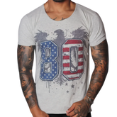 Light grey, scoop-neck t-shirt featuring a distressed eagle graphic with a US flag-themed "80" print.