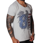 Light grey, raw-edge scoop neck t-shirt featuring a distressed eagle graphic with US flag-patterned "80" text.