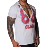 White deep V-neck T-shirt with a distressed red and blue "86 CLASS" graphic print.