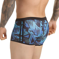 Blue and black graffiti-patterned men’s boxer briefs with central zipper from gigo abstract swim trunk collection