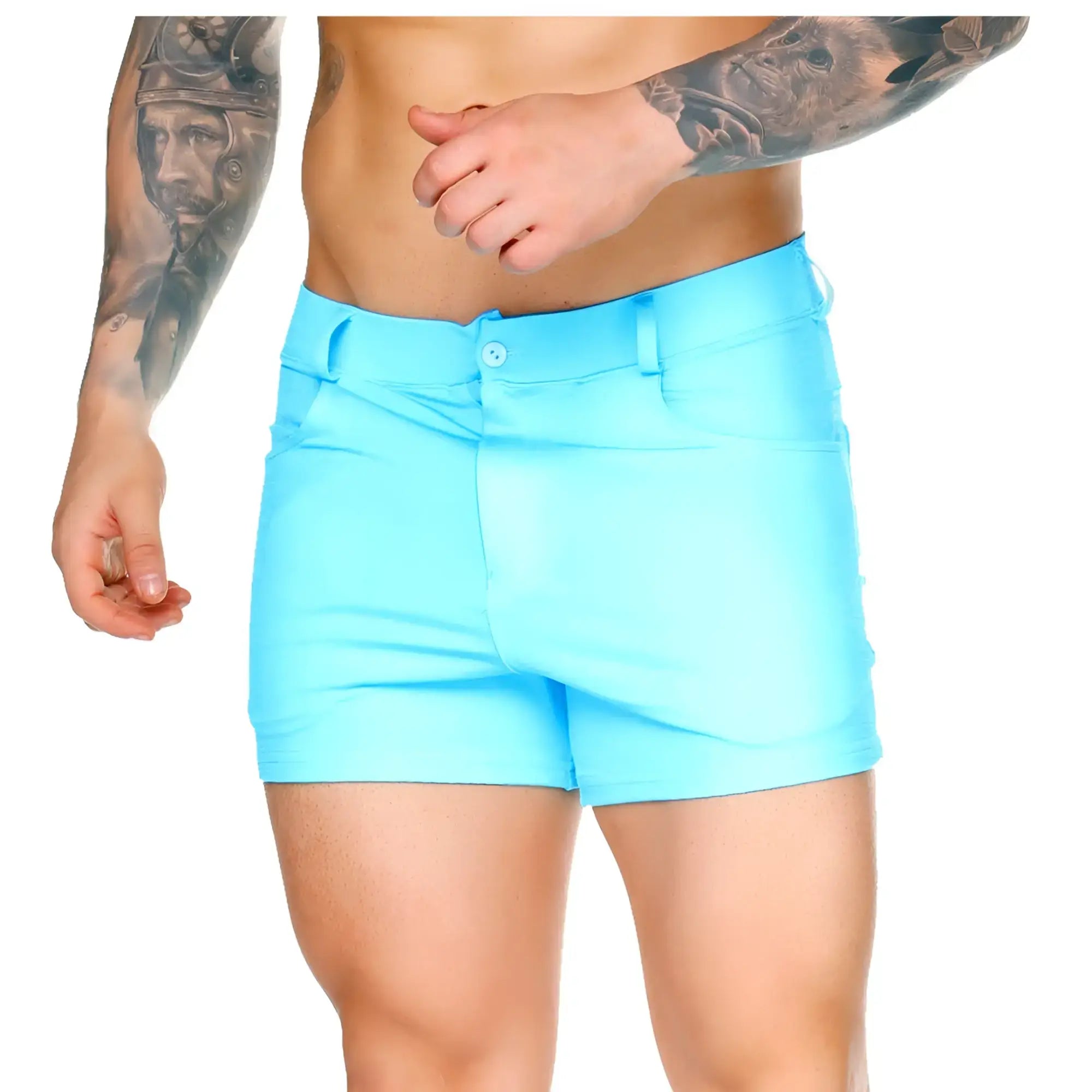 Bright turquoise Gigo African Blue Sexyshort men’s shorts with a sleek tailored fit and button closure