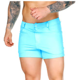 Bright turquoise Gigo African Blue Sexyshort men’s shorts with a sleek tailored fit and button closure