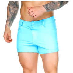 Bright turquoise Gigo African Blue Sexyshort men’s shorts with a sleek tailored fit and button closure