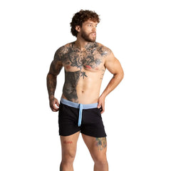 Gigo alfa black blue short athletic shorts with light blue elastic waistband and matching drawstring for sports use