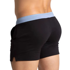 Gigo Alfa black athletic shorts with a light blue elastic waistband and side pockets for active wear