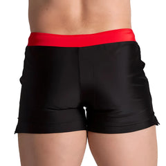 Black swim trunks with a bold red waistband from Gigo Alfa designed for beachwear use