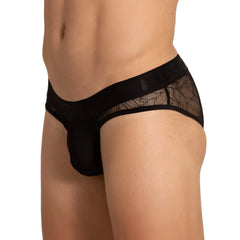 Black lace-trimmed Gigo Amazonia briefs with solid front and sheer mesh sides for men