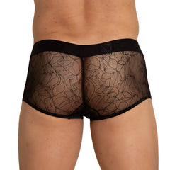 Black lace gigo amazonia trunk briefs with sheer floral pattern and solid black waistband