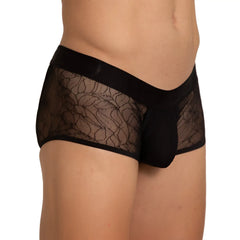 Black lace-trimmed men’s briefs with sheer floral mesh front and solid black waistband Gigo Amazonia Trunk