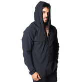 Black lightweight athletic zip-up jacket with a slim-fit design, long sleeves, and an integrated hood.