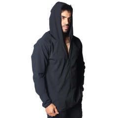 Black lightweight athletic zip-up jacket with a slim-fit design, long sleeves, and an integrated hood.