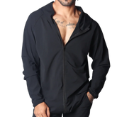 Gigo Ambitious black zip-up performance jacket with a hood, minimalist design, and lightweight technical fabric.