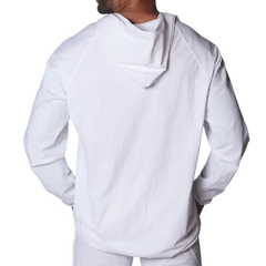 Back view of a plain white lightweight hooded jacket with long raglan sleeves against a black background.