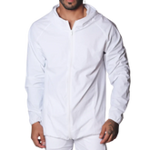 White lightweight zip-up jacket in a technical nylon fabric featuring a hood and long raglan sleeves.