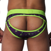 Purple jockstrap with eggplant print, lime green trim, and an open-back design on a thick logo waistband.