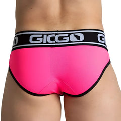Bright pink gigo audacy fuchsia brief with black trim and bold white logo on the waistband in front view