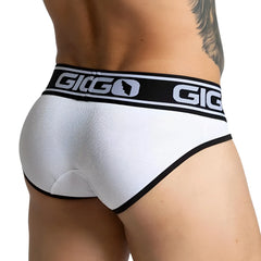 White giggo branded briefs with black trim and textured fabric in gigo audacy white brief design