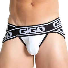 White gigo brand briefs with black elastic waistband and bold white logo text from gigo audacy white jock collection