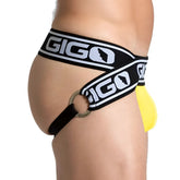 Black and white gigo branded jockstrap with yellow pouch designed for comfortable athletic support