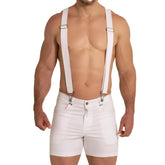 White leather shorts with matching white suspenders and silver-toned metal clasps from gigo aventurer white short collection