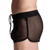 Black sheer mesh hotshorts with solid black elastic waistband and drawstring gigo bahia black hotshort
