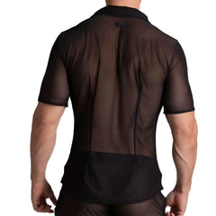 Gigo Bahia black shirt black sheer mesh short-sleeved shirt with solid black collar and hem