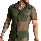 Gigo Bahia green shirt olive green short-sleeved button-up with sheer mesh overlay and single chest pocket