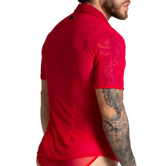 Vibrant red gigo bahia short-sleeved polo shirt with subtle translucent pattern on the sleeve