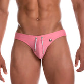 Pink gigo basic nude swim brief with white drawstrings and silver button detail on the side in athletic fabric