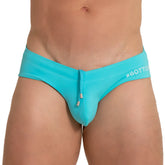 Gigo bottom blue swim brief turquoise swim trunks with drawstring closure and white #bottom branding on waistband