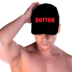 Black baseball cap from gigo bottom caps with bold red bottom lettering across the front