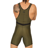 Olive green wrestling singlet with black trim and central waistband from gigo boxing green body collection
