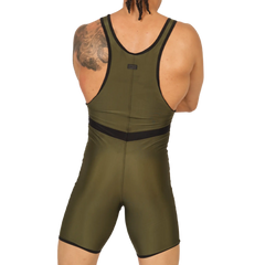 Olive green wrestling singlet with black trim and central waistband from gigo boxing green body collection