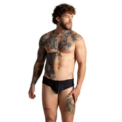 Gigo brazilian black swim brief made of lightweight fabric featuring a black drawstring for adjustable fit