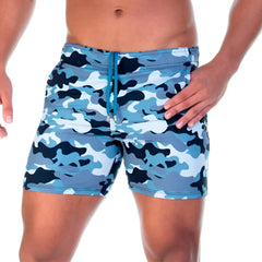 Gigo camo black swim trunks with blue and black camouflage pattern and drawstring waistband for beachwear