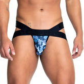 Blue and black camouflage patterned men’s briefs with wide black waistband from gigo camo black jockstrap collection