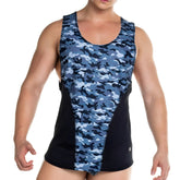 Gigo camo black tank blue and black camouflage mesh tank top with scoop neckline and breathable fabric