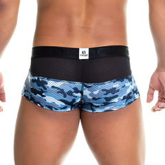 Blue and black camouflage patterned gigo brand briefs with a mesh waistband in the gigo camo black trunk style