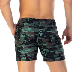 Men’s gigo camo green beachwear shorts in dark green black and teal camouflage perfect for casual wear